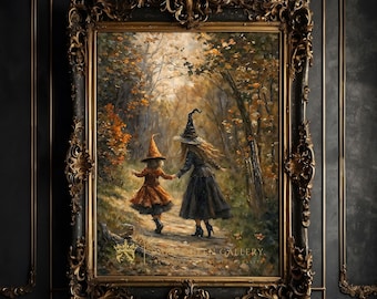 May include: A framed painting depicts two figures in witch hats walking on a path through a forest. The artwork features warm autumn colors, with a detailed ornate gold frame. The painting is signed by the artist.