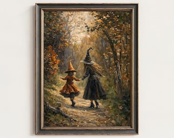 Witch Sisters Autumn Forest Print: Dark Cottagecore Halloween Decor (Digital Download) | 243