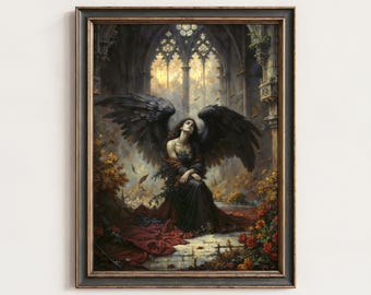 May include: A framed gothic-style painting depicts a woman with large black wings, seated in a stone structure. She wears a dark dress with red accents, surrounded by flowers. The artwork has a dark, dramatic aesthetic with a focus on light and shadow.