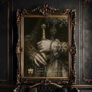 Victorian Princess With Master Sword Digital Print, Baroque Gothic Woman Portrait, Royal Dark Academia Wall Art For Moody Interiors | 224