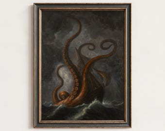 May include: A framed painting depicts a ship being attacked by a giant octopus in a stormy sea. The octopus has large, reddish-brown tentacles. The ship is brown with white sails. The sky is dark and cloudy, with white waves in the sea.