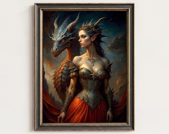 Lámina gótica de dragón y elfo: Arte mural de fantasía mítica estilo academia oscura (descarga instantánea) / 296