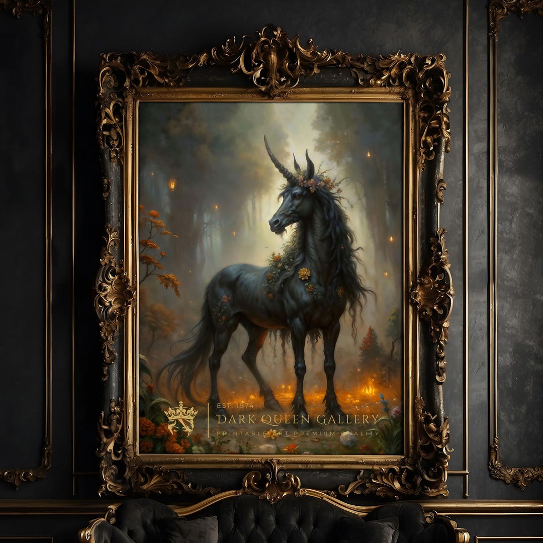 Black Unicorn Art Print: Dark Gothic Fantasy Forest Creature (digital ...