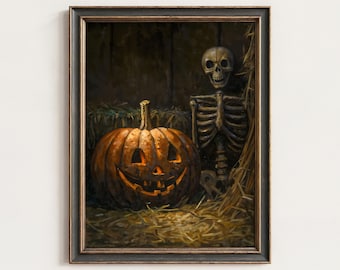 Estampa de Abóbora Esqueleto: Decoração Assustadora de Halloween no Estilo Dark Academia (Arquivo Digital Instantâneo) | 244