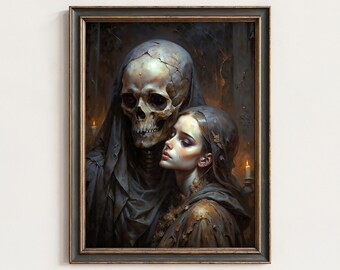 May include: Framed artwork depicting a skeletal figure draped in a dark cloak, embracing a woman with a serene expression. The painting features a somber color palette with hints of gold and candlelight, creating a gothic atmosphere.