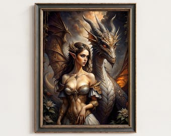 Lámina gótica de elfo dragón: Arte mural de fantasía oscura, decoración cottagecore (descarga digital) / 302