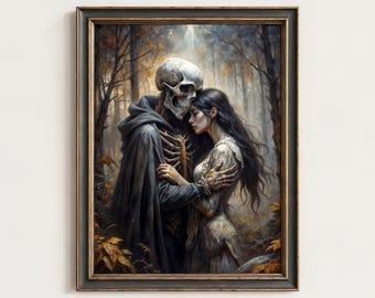 May include: Framed artwork depicting a skeletal figure in a dark cloak embracing a woman in a forest setting. The artwork features a muted color palette with autumn tones, creating a gothic and romantic atmosphere.