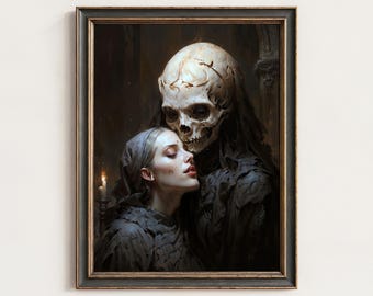 May include: Framed artwork depicting a woman embracing a skeletal figure. The woman wears a headscarf and dark clothing, her face illuminated. The skeletal figure is draped in dark fabric. A candle burns in the background, casting a warm glow.