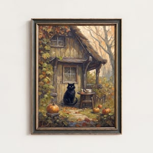 Mörk stugfärgad svart katt med höststugamotiv: Gotisk Halloween-väggkonst (utskrivbart konstverk) | 260