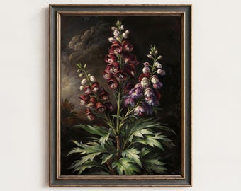 May include: A framed oil painting featuring a central cluster of tall, dark red and purple delphinium flowers with green foliage against a moody, dark background. The artwork is enclosed in a dark, textured frame with a thin gold inner border.