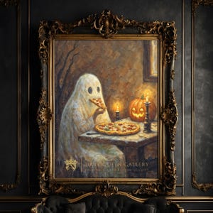 Lámina artística de fantasmas divertida / Regalo para amantes de la pizza / Decoración única de Halloween / Arte mural culinario caprichoso / 259
