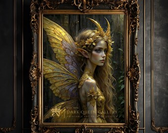 Goldene Elfe Kunstdruck | Fantasy Wandkunst | Mythisches Feendekor | Zauberhaftes Digitales Gemälde | 299