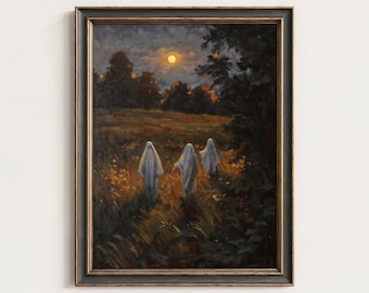 May include: A framed oil painting depicting three figures draped in white sheets walking through a golden field at night under a full moon. The scene includes dark trees in the background and foreground, all enclosed within a dark, textured frame.
