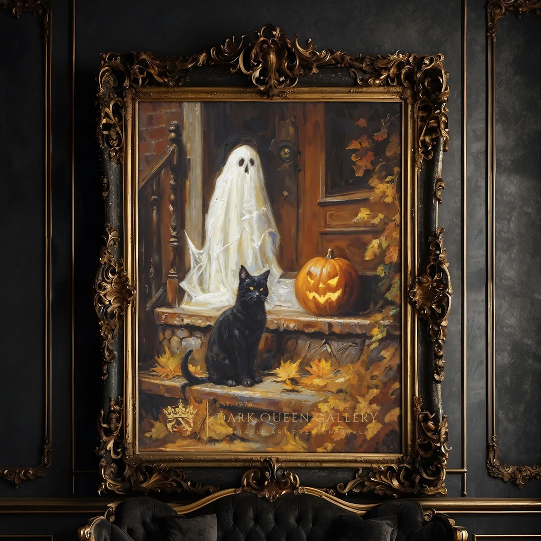 Black Cat Ghost Halloween Art Print: Spooky Cottagecore Porch Decor ...
