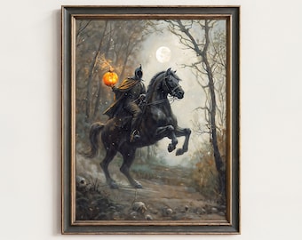 May include: A framed wall art print depicting a dark, hooded figure in armour riding a black horse through a misty forest at night. The figure holds a glowing orange pumpkin aloft under a full moon, with bare trees and a rocky ground visible.