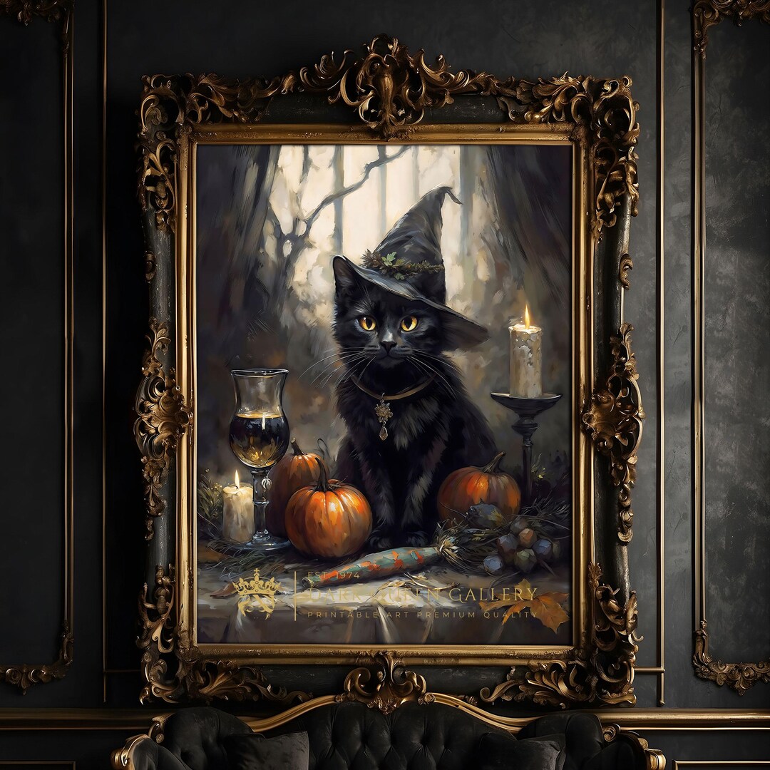 Dark Academia Black Cat Print: Gothic Halloween Still Life Wall Art ...