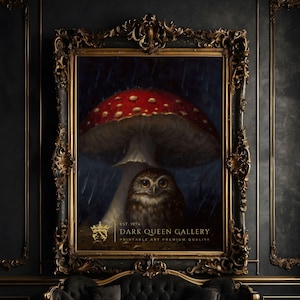 May include: A painting of a red and white mushroom with a small owl sitting under it. The painting is set against a dark background with rain falling. The text "Dark Queen Gallery" is in the bottom right corner of the painting.