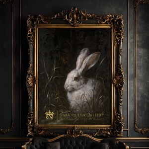 White Rabbit in Grass Print | Gothic Cottagecore Wall Art | Dark Academia Decor | Mystical Animal Digital Art | 217