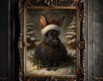 Dark Christmas Rabbit Academia Wandkunst - Stimmungsvolles Winter Cottagecore Dekor, Goth saisonale Ölgemälde, verschneite Szene Herunterladbare Kunstwerk | 29