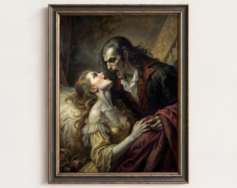 May include: A framed oil painting depicting a dark-haired figure in a black and red coat leaning over a person with long blonde hair wearing a gold dress. The scene features dramatic lighting, deep shadows, and a rich color palette of red, gold, and black.