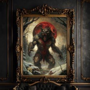 Werewolf Wall Art Print | Gothic Mythology Decor | Dark Fantasy Werewolf | Blood Moon Creature Digital | 287