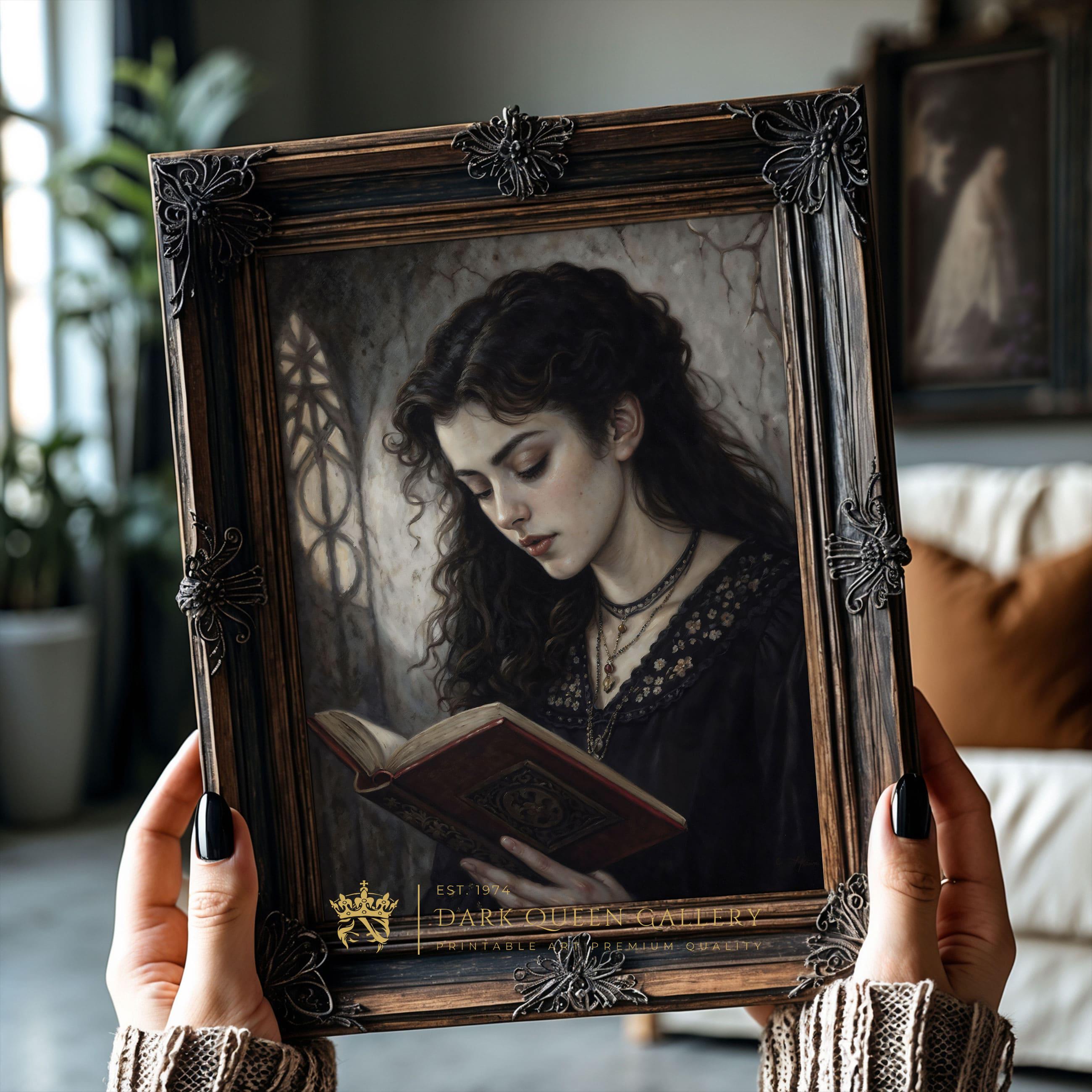 Dark Academia Portrait Print: Gothic Girl Reading Book Wall Art