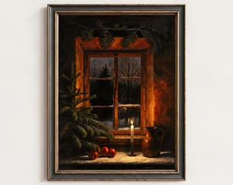 May include: A framed oil painting depicting a window view at night with a lit candle, a brown ceramic pitcher, three red apples, and a small evergreen tree branch on a ledge. The scene shows a dark winter landscape through the window panes.