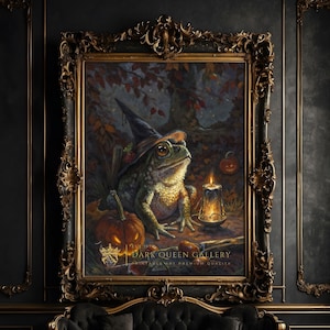 Magic Frog Halloween Print - Gothic Wall Art with Witch Hat and Candle | Spooky Digital Download for Cottagecore Decor  | 232