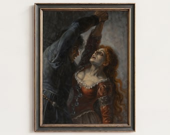 May include: A framed oil painting depicting a dark-haired figure in a blue tunic grasping the raised arm of a red-haired figure wearing a rust-colored bodice with white lace trim. The scene is set against a muted, textured gray background.