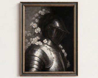 May include: A framed wall art print featuring a metallic suit of armor in profile, adorned with delicate white flowers. The dark, polished steel helmet and chest plate contrast with the soft, light-colored blossoms against a dark background.