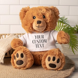 May include: A brown teddy bear wearing a white t-shirt with the text "YOUR CUSTOM TEXT". The bear has a smiling face, black eyes, and paw prints on its feet. The plush toy is sitting on a woven mat.