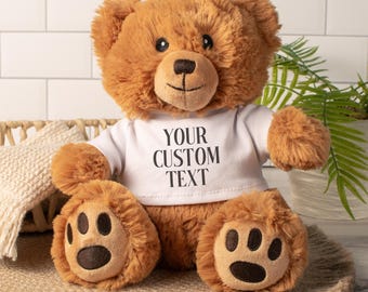 Your Custom Text 8" Stuffed Teddy Bear: Brown Bear with White Printed T-Shirt