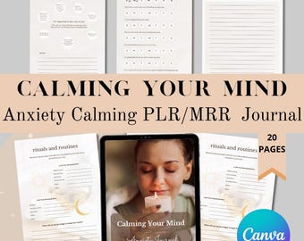 Diario de ansiedad calmante, derechos de reventa, productos digitales PLR de diario consciente, plantilla Canva con indicaciones para diario de bienestar