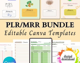 May include: A digital download bundle of Canva templates for personal organisation and goal setting. The bundle includes templates for fitness tracking, budgeting, anxiety management, financial goals, gratitude journaling, and note-taking. The templates are designed in a minimalist style with pastel colours and illustrations.