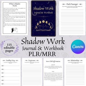 Puede incluir: Un diario y cuaderno de trabajo Shadow Work azul oscuro con diseños celestiales dorados y el texto "Shadow Work Journal & Workbook PLR/MRR". El diario incluye 115 páginas editables.