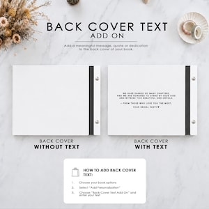 The image is a white background with text and two empty book covers. The text provides instructions on how to add a back cover to a book, including options for choosing book options, selecting a personalized cover, and adding the cover text.