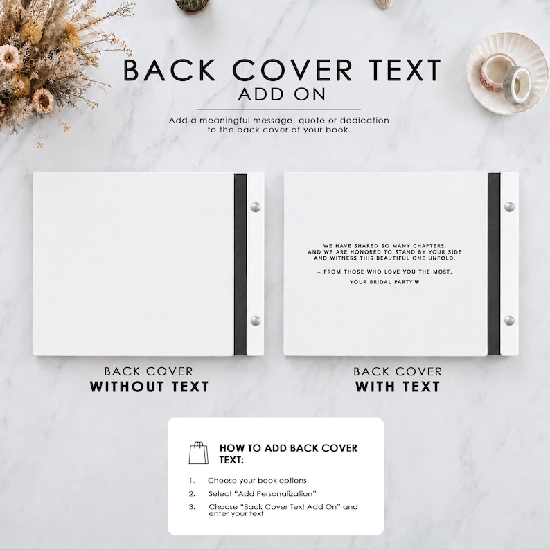 The image is a white background with text and two empty book covers. The text provides instructions on how to add a back cover to a book, including options for choosing book options, selecting a personalized cover, and adding the cover text.