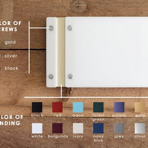 a color chart with various colors labeled, and a white square with screws attached to it, placed on a wooden surface.