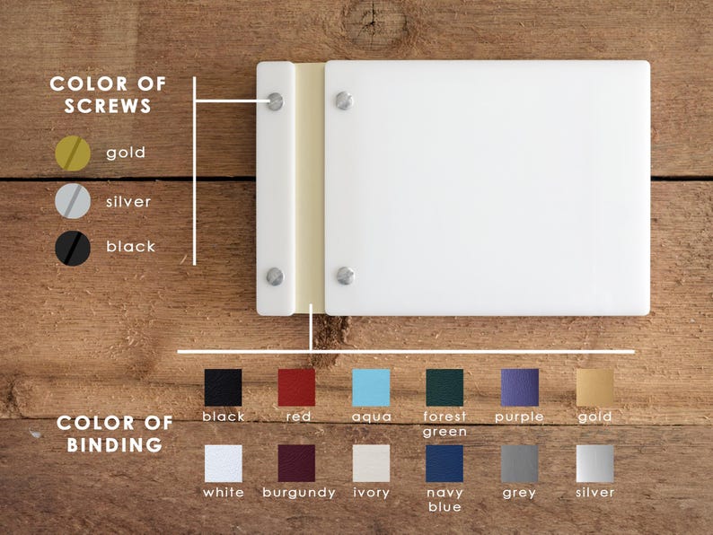 a color chart with various colors labeled, and a white square with screws attached to it, placed on a wooden surface.