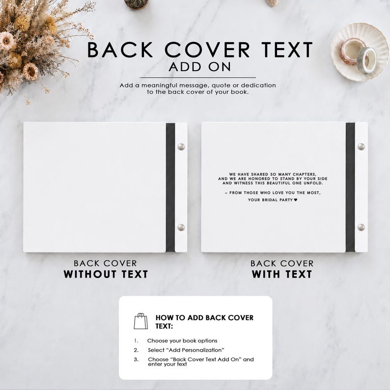 The image is a white background with text and two empty book covers. The text provides instructions on how to add a back cover to a book, including options for choosing book options, selecting a personalized cover, and adding the cover text.