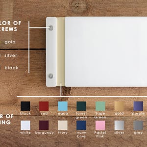 a color chart with various colors labeled, and a white cutting board with a color swatch on it, indicating the color of screws.