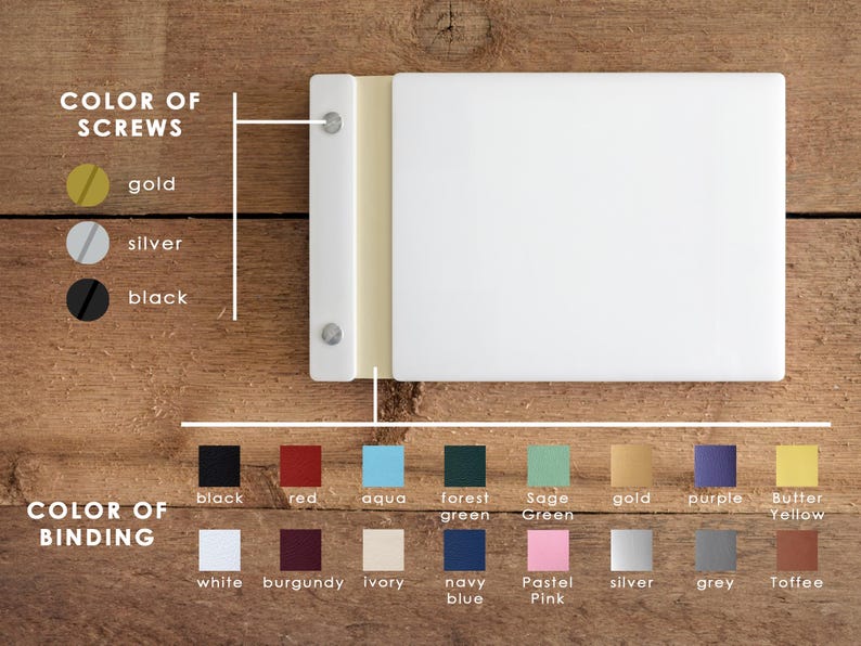 a color chart with various colors labeled, and a white cutting board with a color swatch on it, indicating the color of screws.