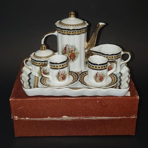 Vintage Adeline Decorated w/ Rococo Style Courting Couple, Gilded Porcelain Miniature Tea Set with Box