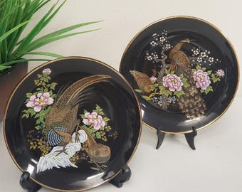Platos decorativos japoneses, pavos reales y faisanes, borde dorado (6,25"), juego de 2