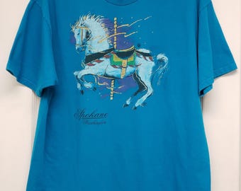 Vintage/Retro 80s-90s Hanes Beefy 100% Cotton The Loof Carousel, Spoken Washington Graphic Print Unisex T-Shirt Sz XL, Made in Mexico