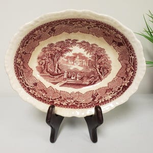 Vintage Mason's Patent Ironstone Vista England Pink Leaves & Landscape Oval Serving Bowl