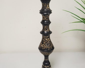 Vintage Solid Brass Black Gold Floral Etched Decorative Candlestick Holder, 11" Tall