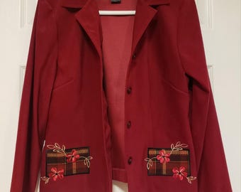 ヴィンテージフローラル刺繍ブレザードレス：サグハーバー バーガンディ ボタンフロント、サイズS