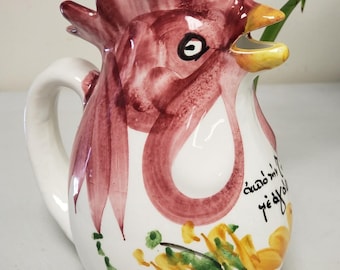 ヴィンテージ イタリア製 手描き陶器製 雄鶏柄ピッチャー 花柄デザイン 8.5インチ