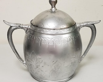 Antique 1870 Meriden B. Company Silver Plated Pewter Floral Etching Lidded Double Handled Sugar Bowl, USA
